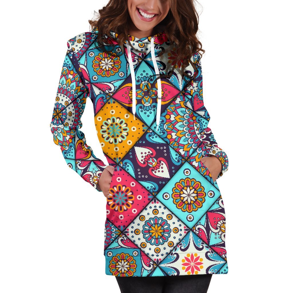 Bohemian Indian Mandala Patchwork Print Hoodie Dress GearFrost