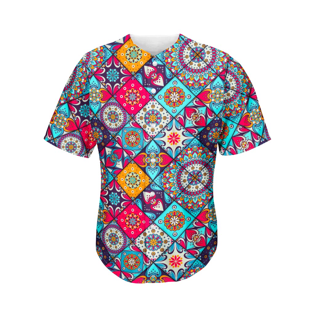 Bohemian Indian Mandala Patchwork Print Men's Baseball Jersey