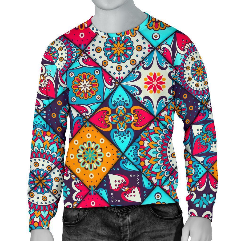 Bohemian Indian Mandala Patchwork Print Men's Crewneck Sweatshirt GearFrost