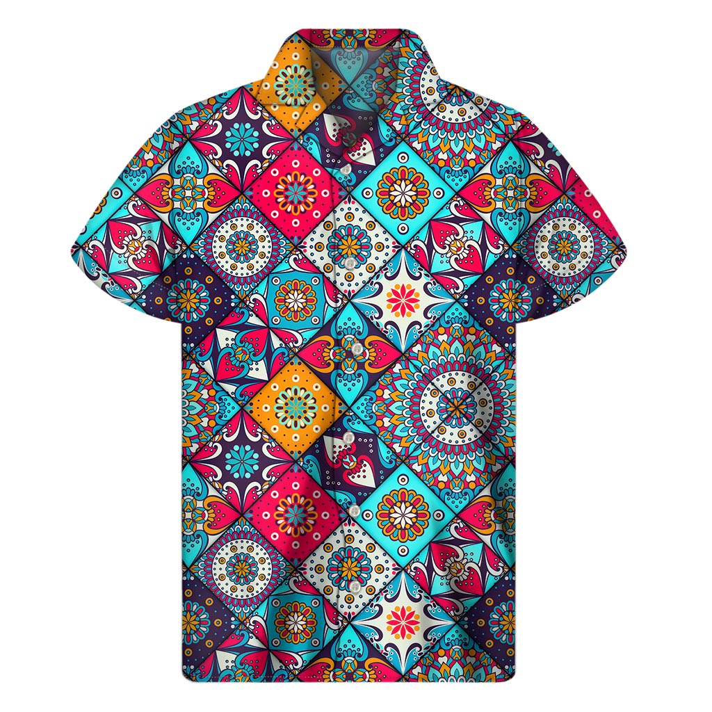 Bohemian Indian Mandala Patchwork Print Men's Short Sleeve Shirt