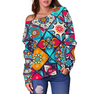 Bohemian Indian Mandala Patchwork Print Off Shoulder Sweatshirt GearFrost