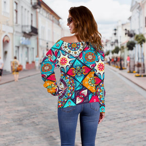 Bohemian Indian Mandala Patchwork Print Off Shoulder Sweatshirt GearFrost