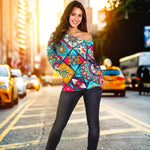 Bohemian Indian Mandala Patchwork Print Off Shoulder Sweatshirt GearFrost