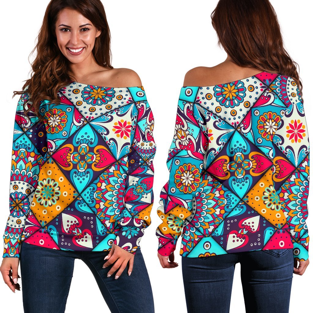 Bohemian Indian Mandala Patchwork Print Off Shoulder Sweatshirt GearFrost