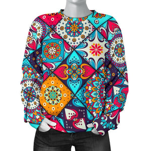 Bohemian Indian Mandala Patchwork Print Women's Crewneck Sweatshirt GearFrost