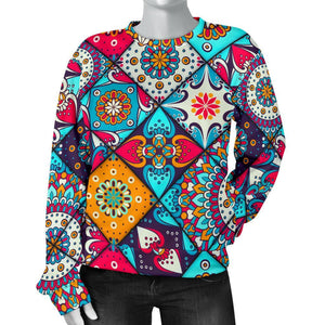 Bohemian Indian Mandala Patchwork Print Women's Crewneck Sweatshirt GearFrost