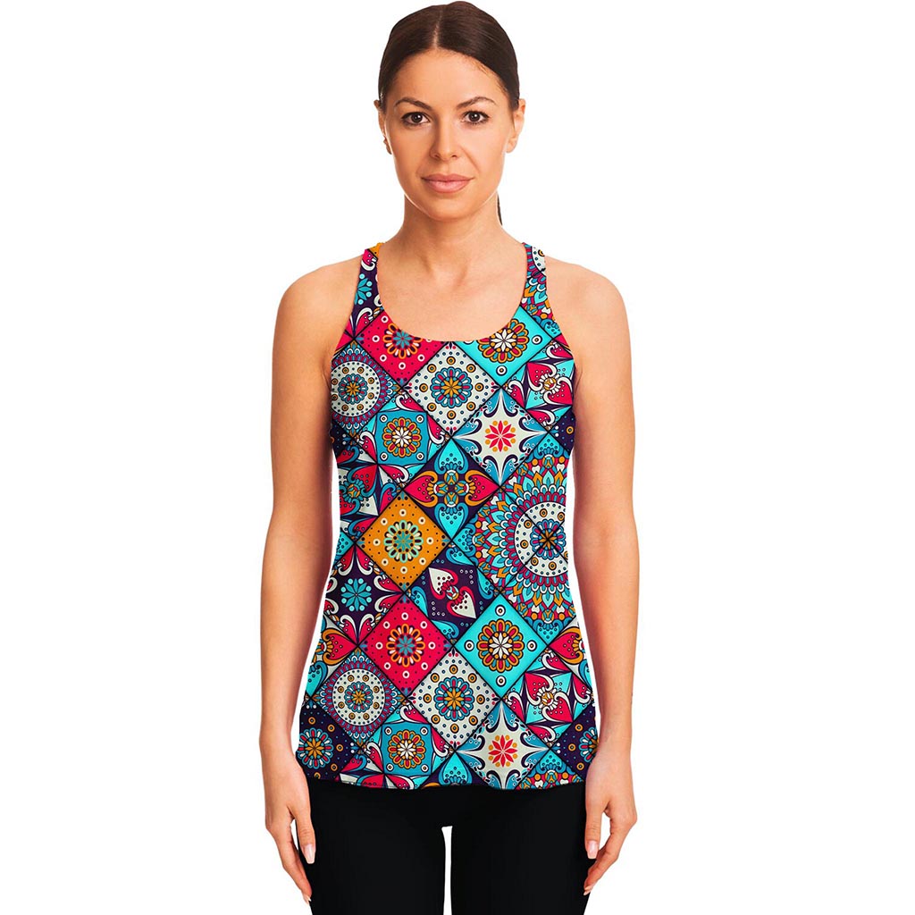 Bohemian Indian Mandala Patchwork Print Women's Racerback Tank Top