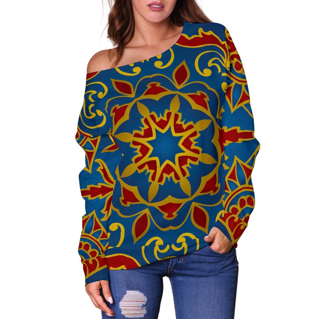 Bohemian Indian Mandala Pattern Print Off Shoulder Sweatshirt GearFrost