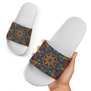 Bohemian Indian Mandala Pattern Print White Slide Sandals