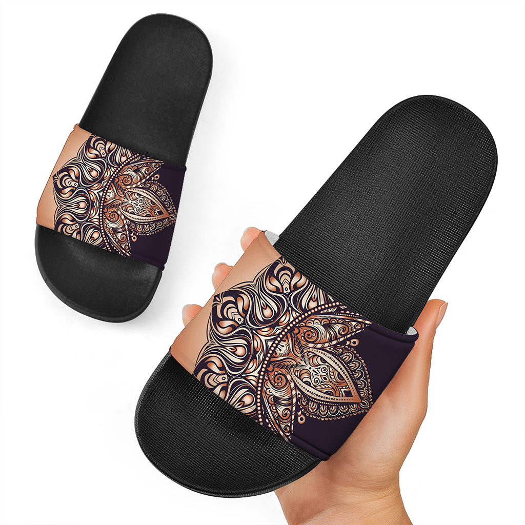 Bohemian Moon And Sun Print Black Slide Sandals
