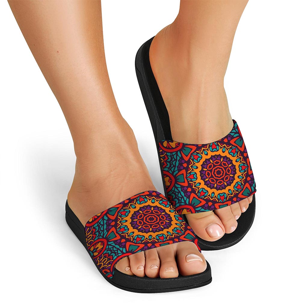 Bohemian Native Mandala Pattern Print Black Slide Sandals