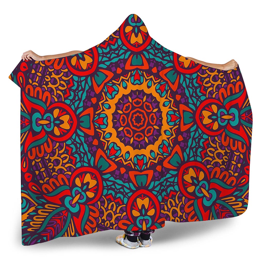 Bohemian Native Mandala Pattern Print Hooded Blanket