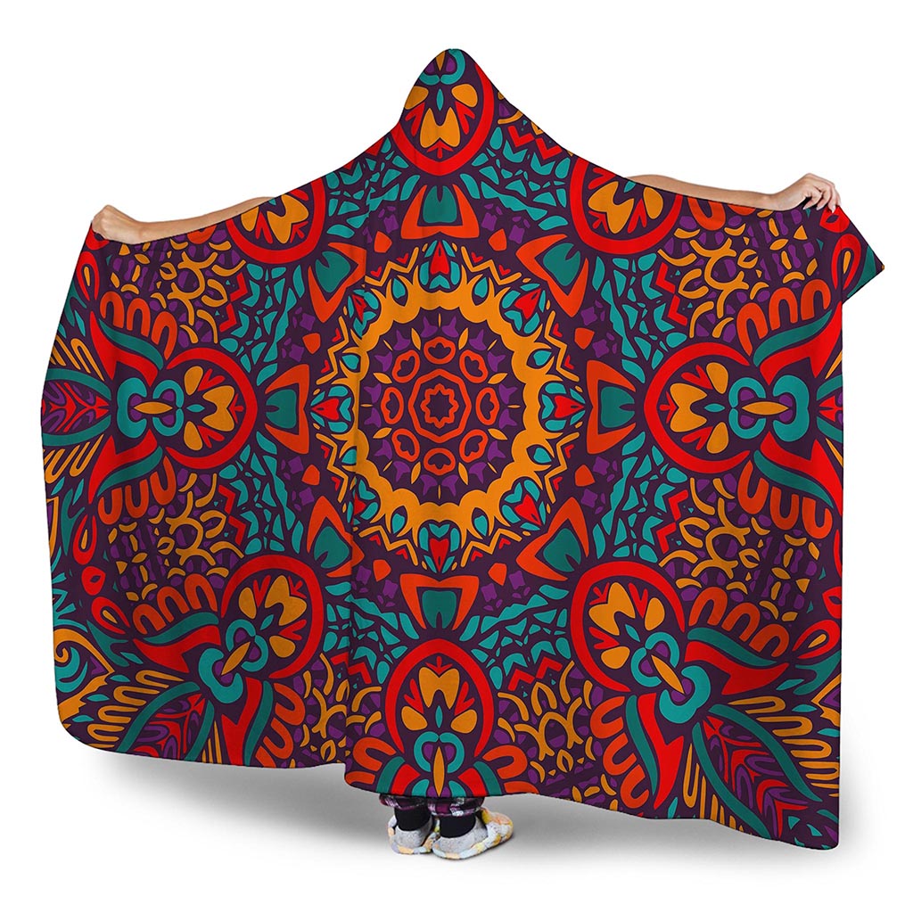Bohemian Native Mandala Pattern Print Hooded Blanket