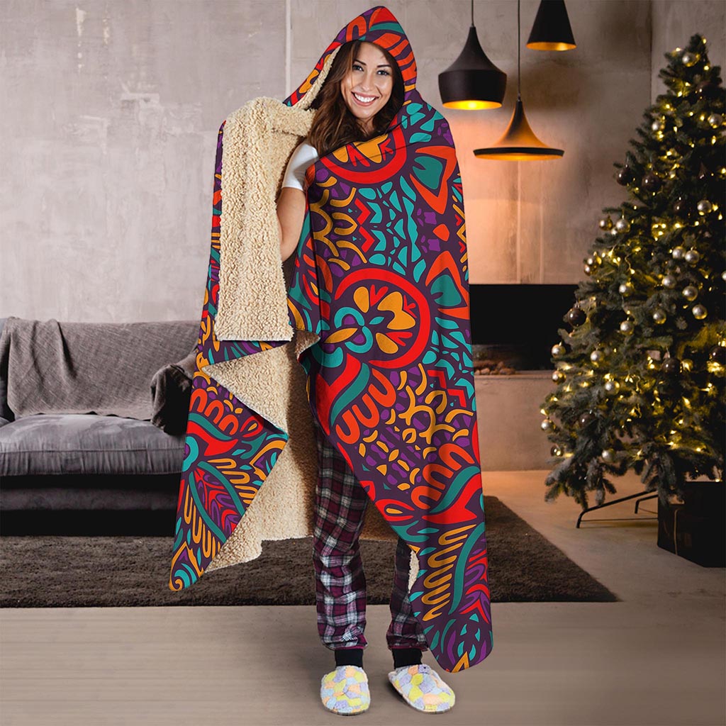Bohemian Native Mandala Pattern Print Hooded Blanket