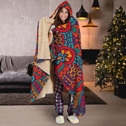 Bohemian Native Mandala Pattern Print Hooded Blanket