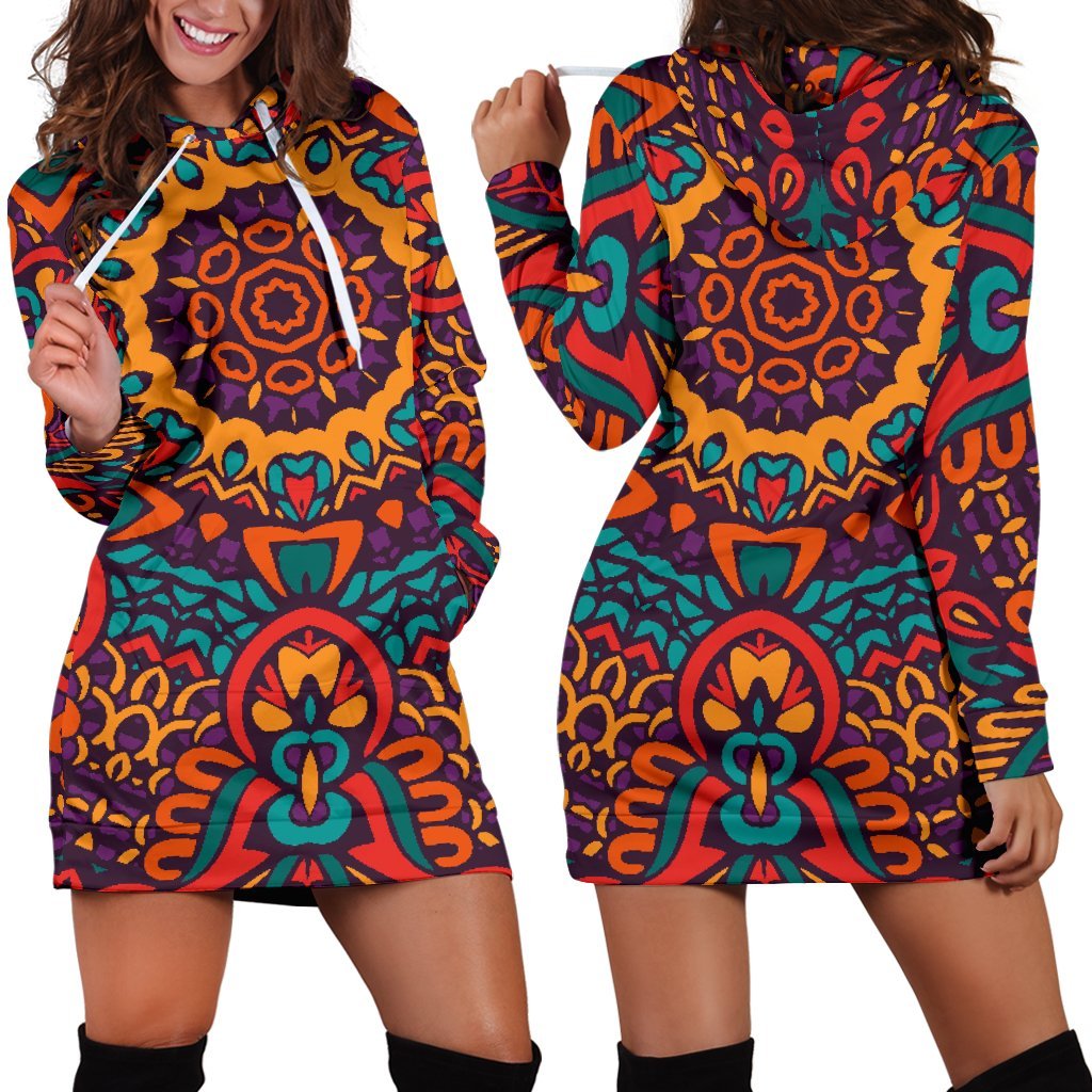 Bohemian Native Mandala Pattern Print Hoodie Dress GearFrost