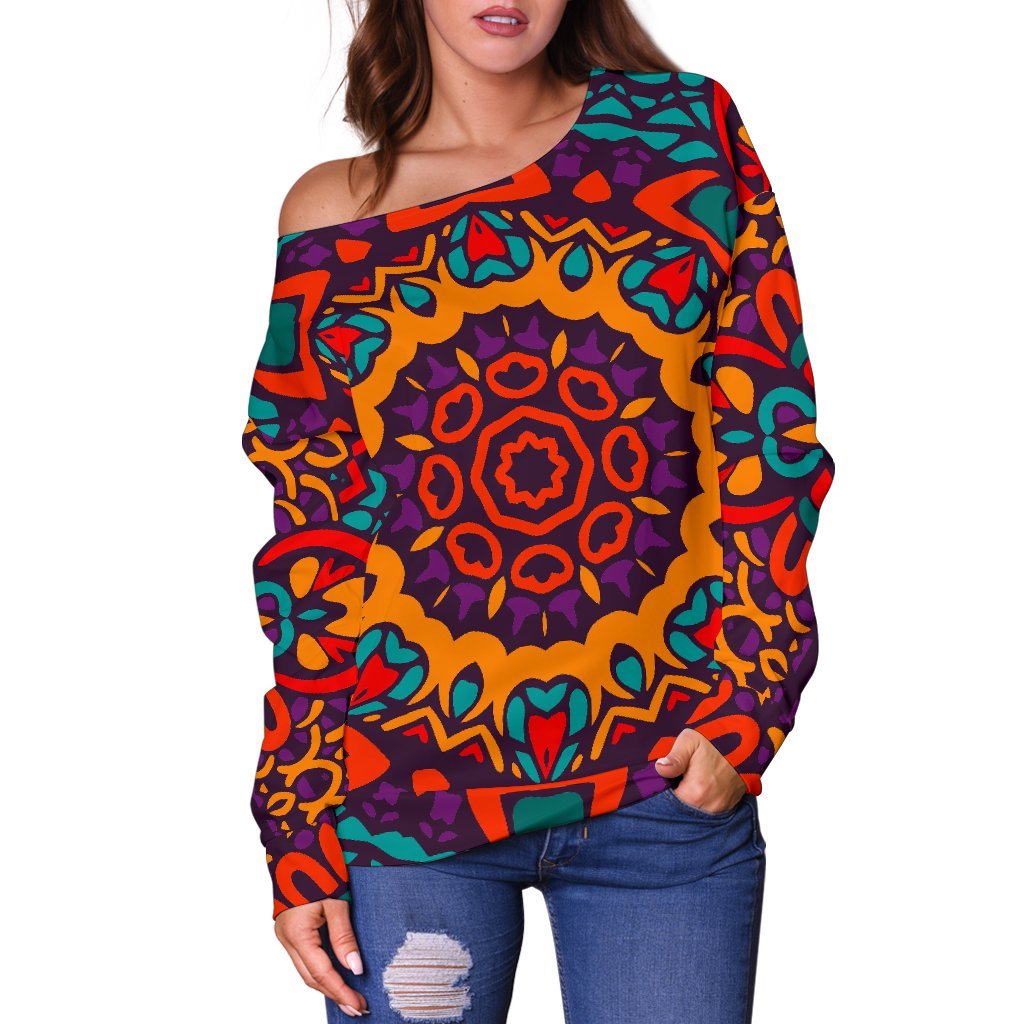 Bohemian Native Mandala Pattern Print Off Shoulder Sweatshirt GearFrost