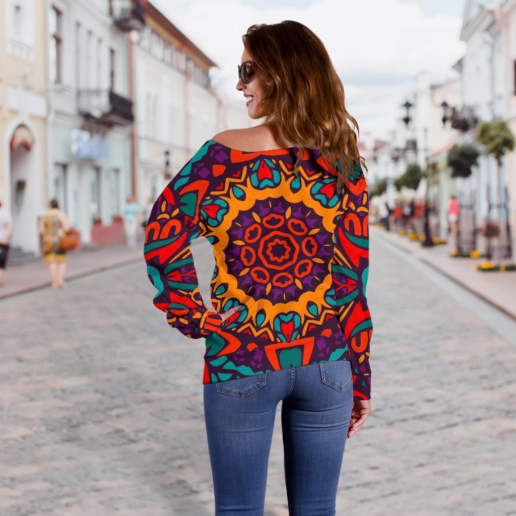 Bohemian Native Mandala Pattern Print Off Shoulder Sweatshirt GearFrost
