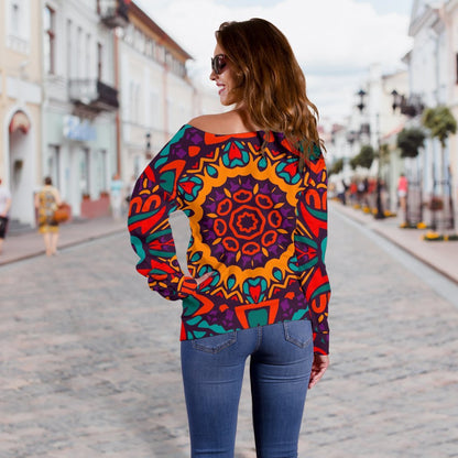Bohemian Native Mandala Pattern Print Off Shoulder Sweatshirt GearFrost
