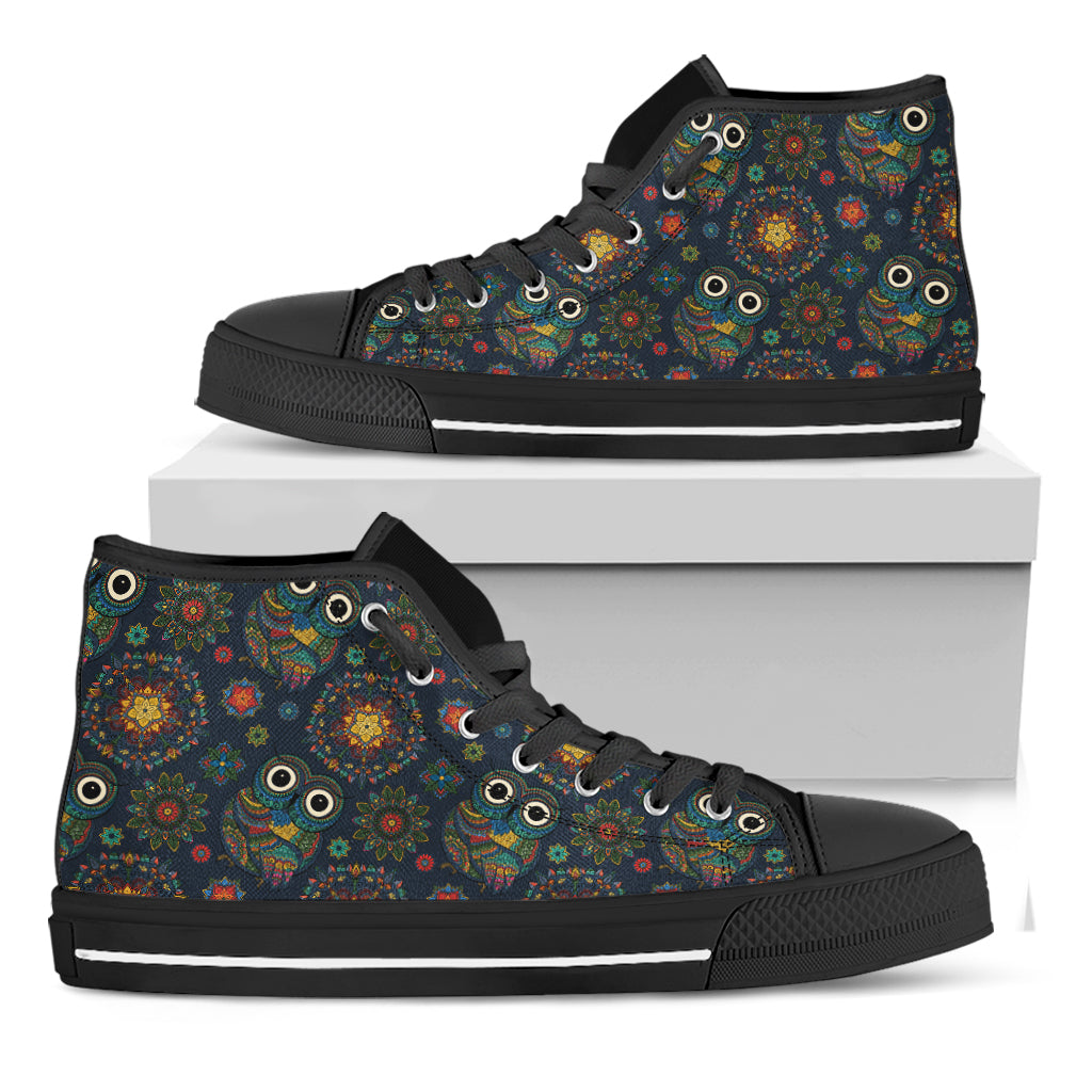 Bohemian Owl Pattern Print Black High Top Shoes