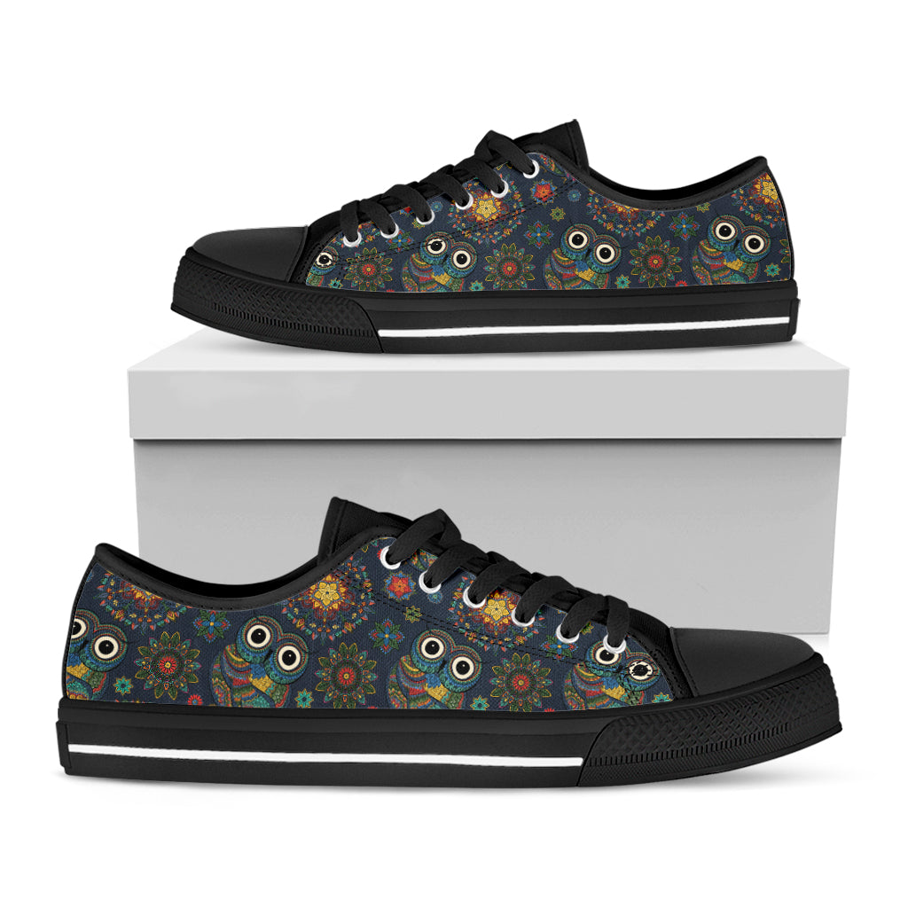 Bohemian Owl Pattern Print Black Low Top Shoes