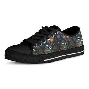 Bohemian Owl Pattern Print Black Low Top Shoes