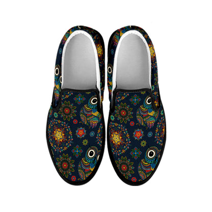 Bohemian Owl Pattern Print Black Slip On Shoes