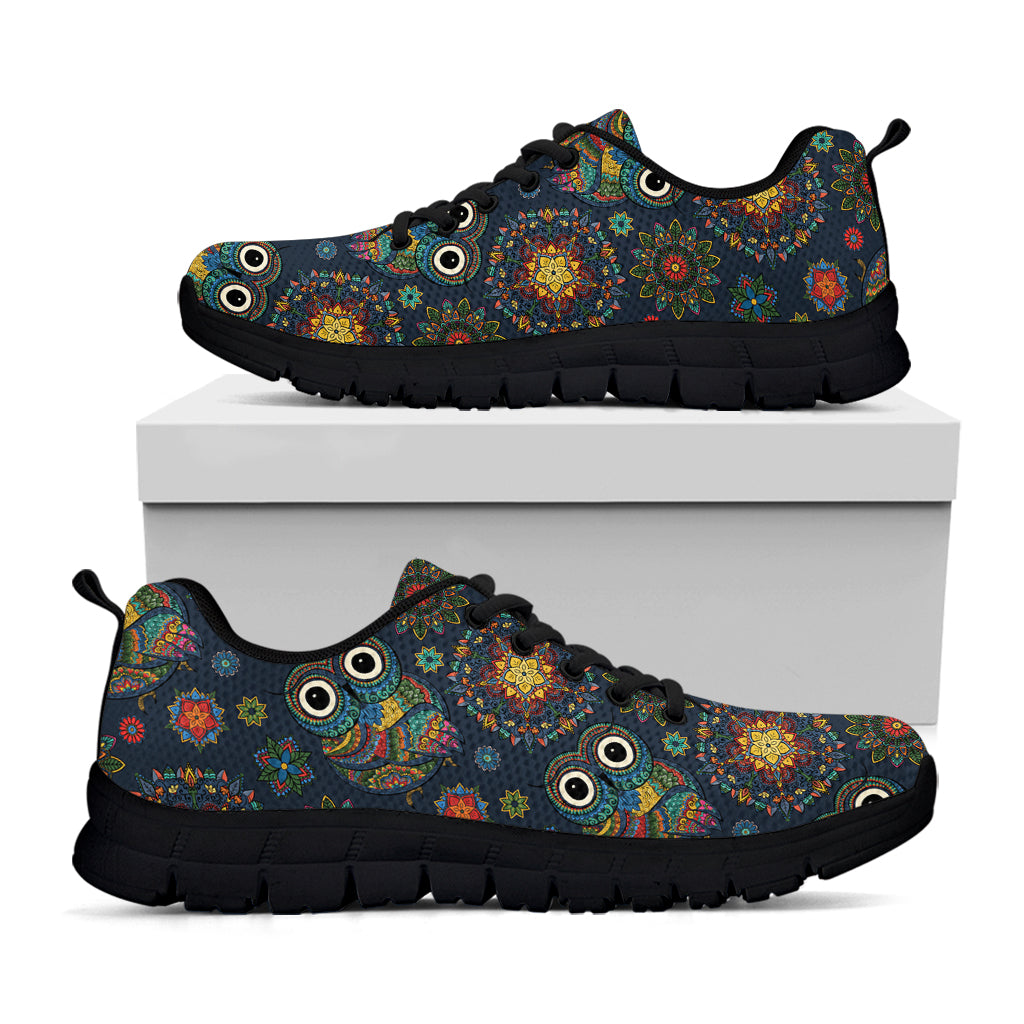 Bohemian Owl Pattern Print Black Sneakers