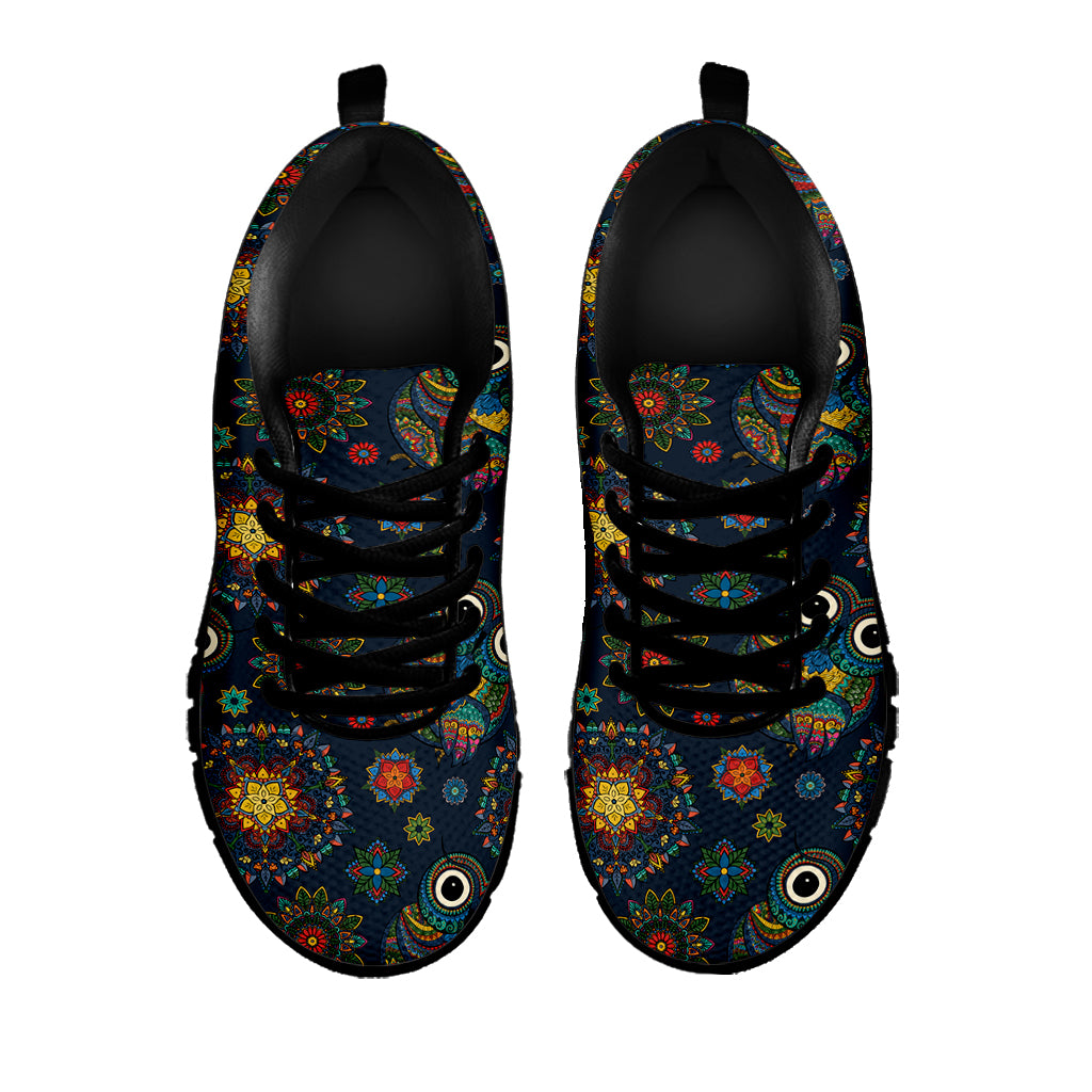 Bohemian Owl Pattern Print Black Sneakers