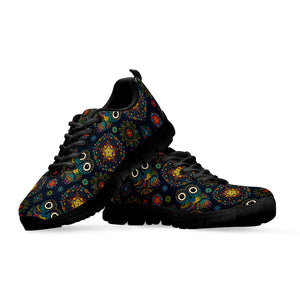 Bohemian Owl Pattern Print Black Sneakers