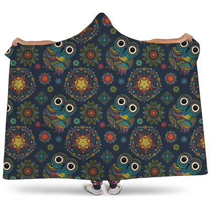 Bohemian Owl Pattern Print Hooded Blanket