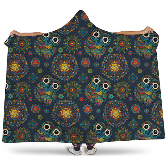 Bohemian Owl Pattern Print Hooded Blanket