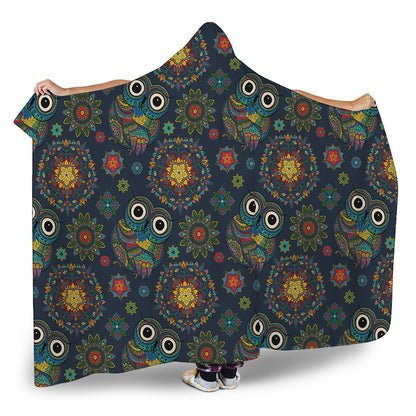 Bohemian Owl Pattern Print Hooded Blanket