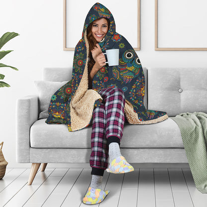 Bohemian Owl Pattern Print Hooded Blanket