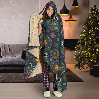 Bohemian Owl Pattern Print Hooded Blanket