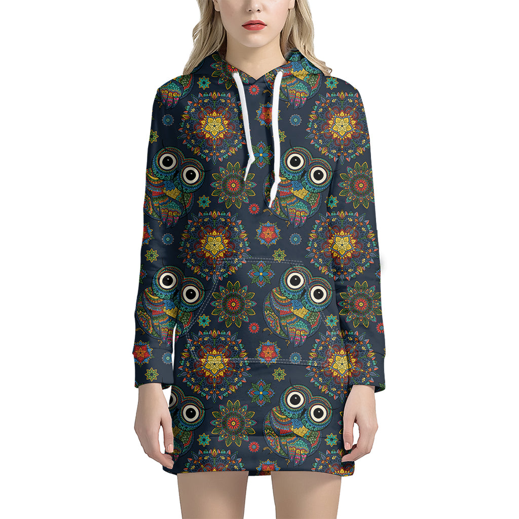 Bohemian Owl Pattern Print Hoodie Dress