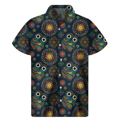 Bohemian Owl Pattern Print Men's Short Sleeve Shirt