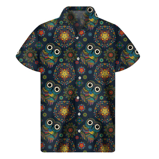 Bohemian Owl Pattern Print Men's Short Sleeve Shirt