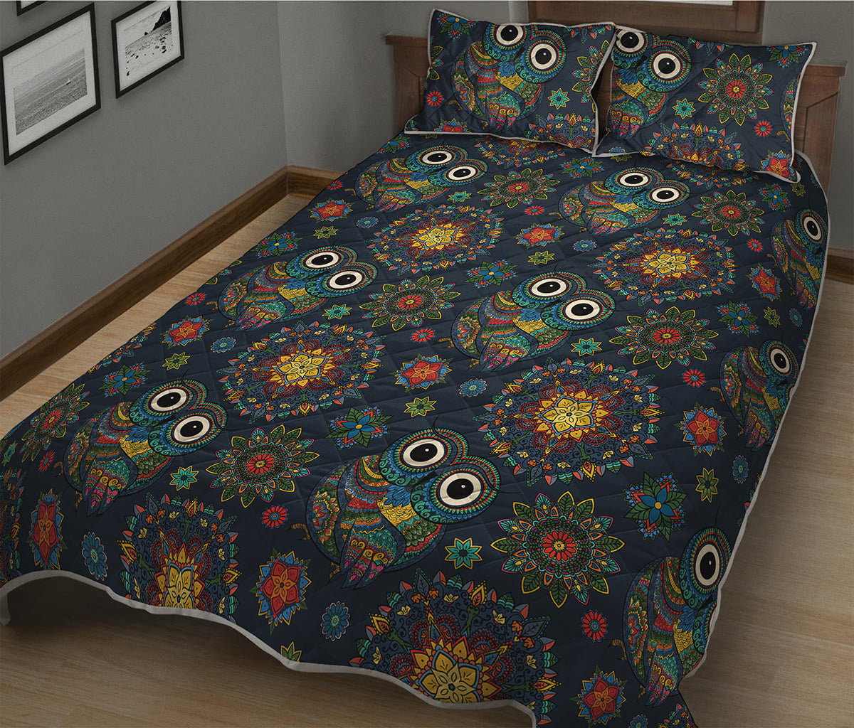 Bohemian Owl Pattern Print Quilt Bed Set