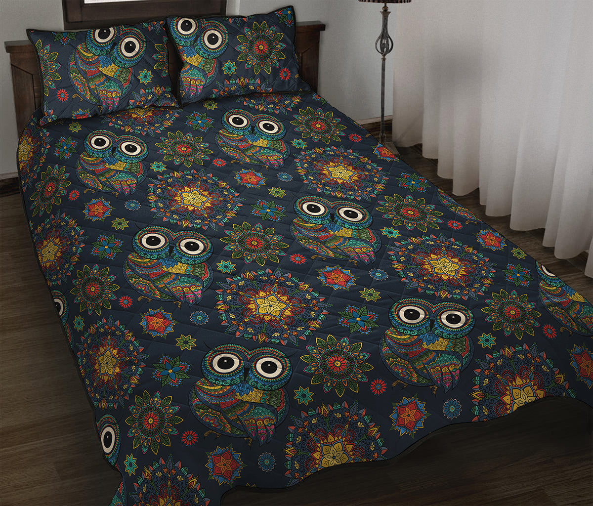 Bohemian Owl Pattern Print Quilt Bed Set