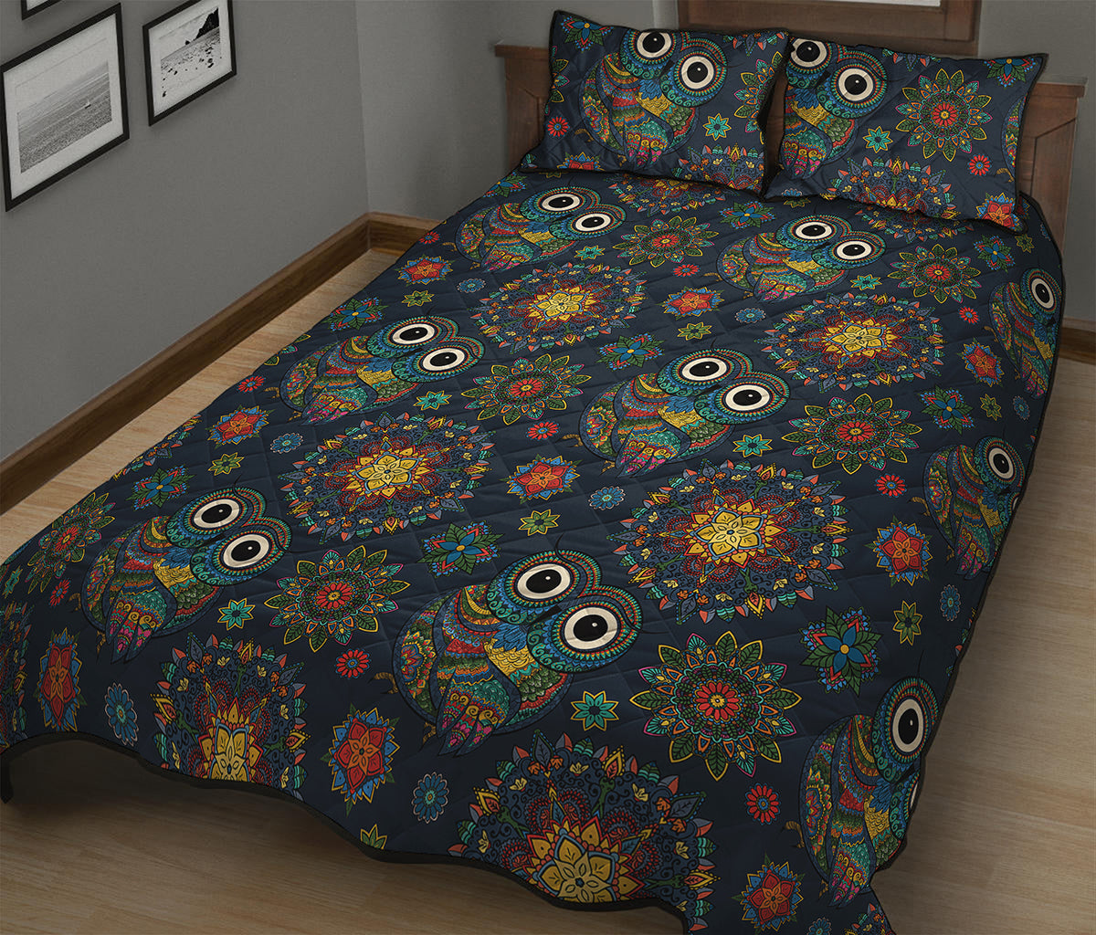 Bohemian Owl Pattern Print Quilt Bed Set