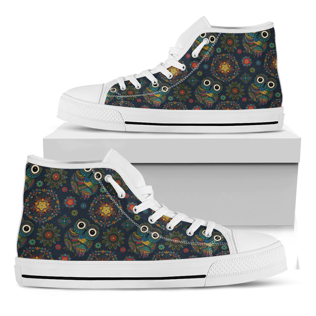 Bohemian Owl Pattern Print White High Top Shoes