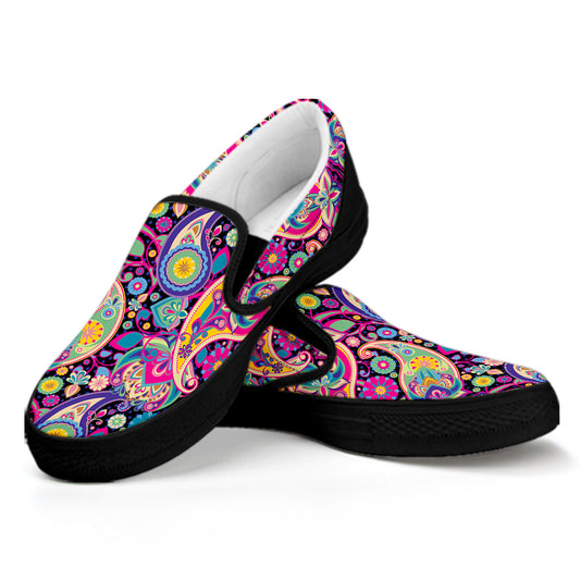 Bohemian Paisley Pattern Print Black Slip On Shoes