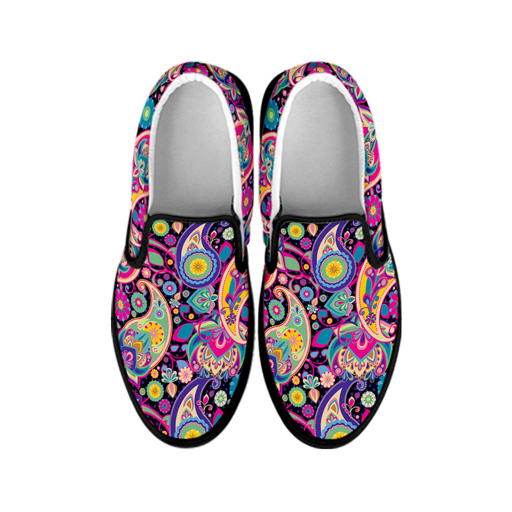 Bohemian Paisley Pattern Print Black Slip On Shoes