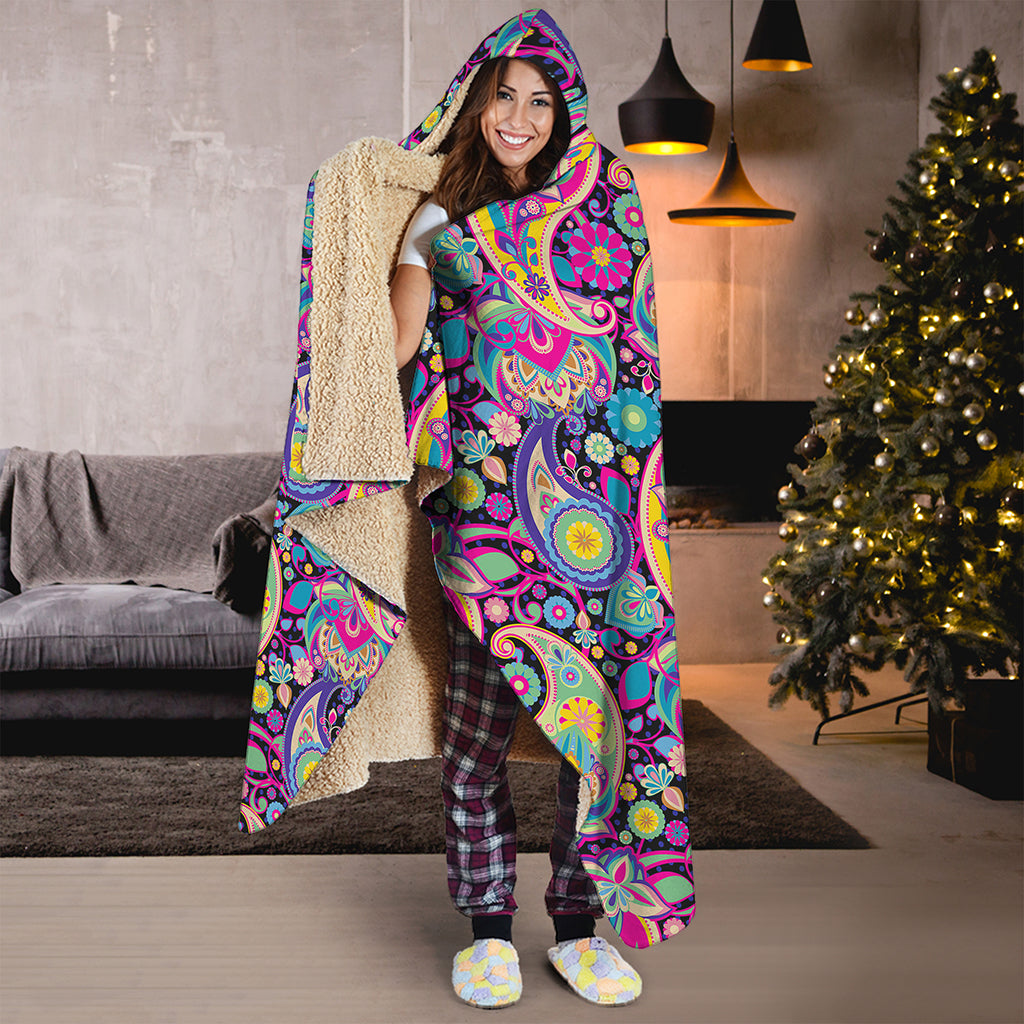 Bohemian Paisley Pattern Print Hooded Blanket