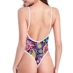 Bohemian Paisley Pattern Print One Piece High Cut Swimsuit
