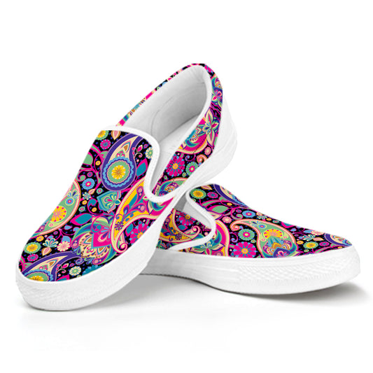 Bohemian Paisley Pattern Print White Slip On Shoes