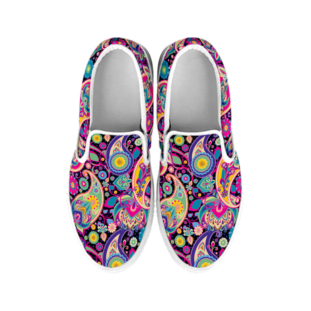 Bohemian Paisley Pattern Print White Slip On Shoes