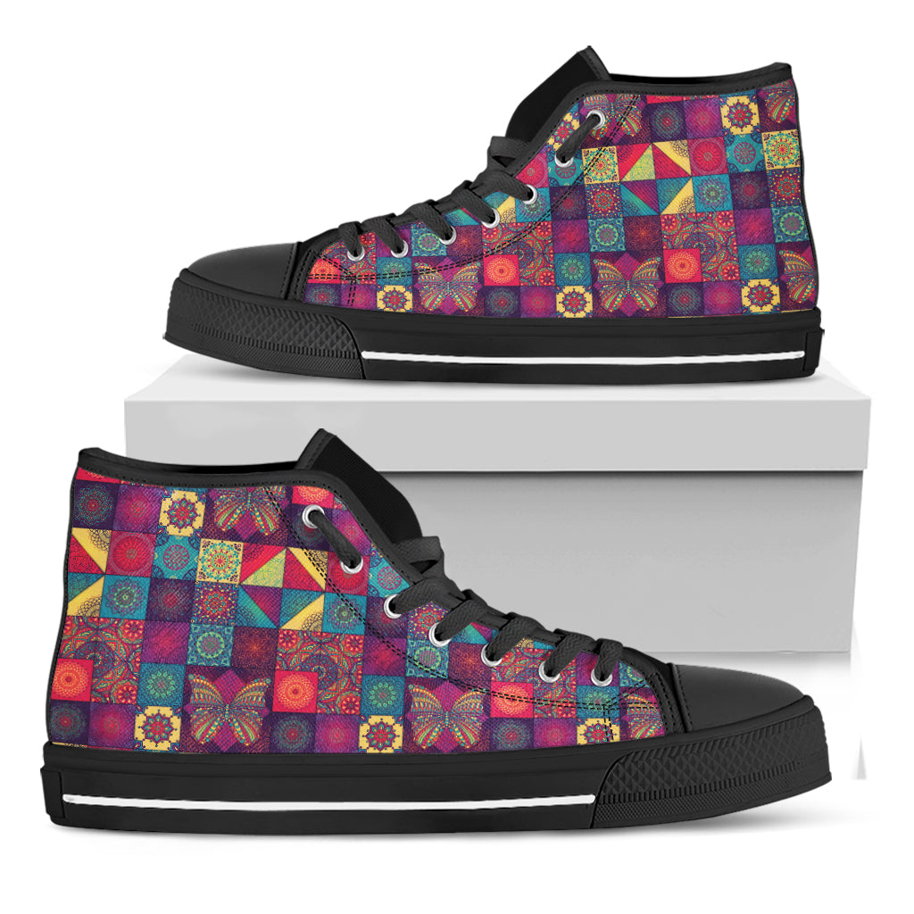 Bohemian Patchwork Pattern Print Black High Top Shoes