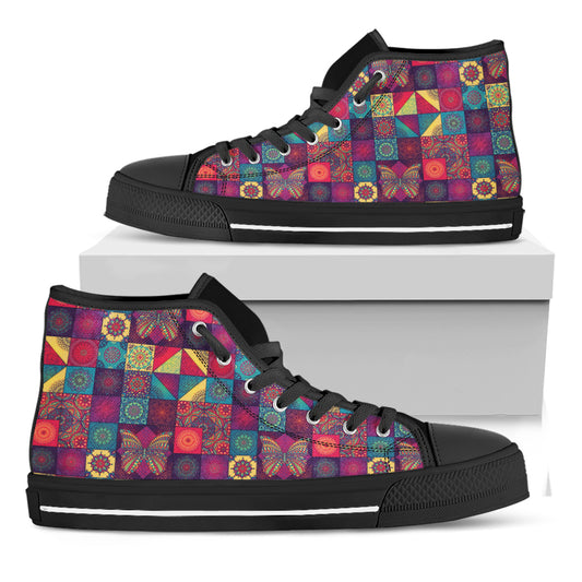 Bohemian Patchwork Pattern Print Black High Top Shoes